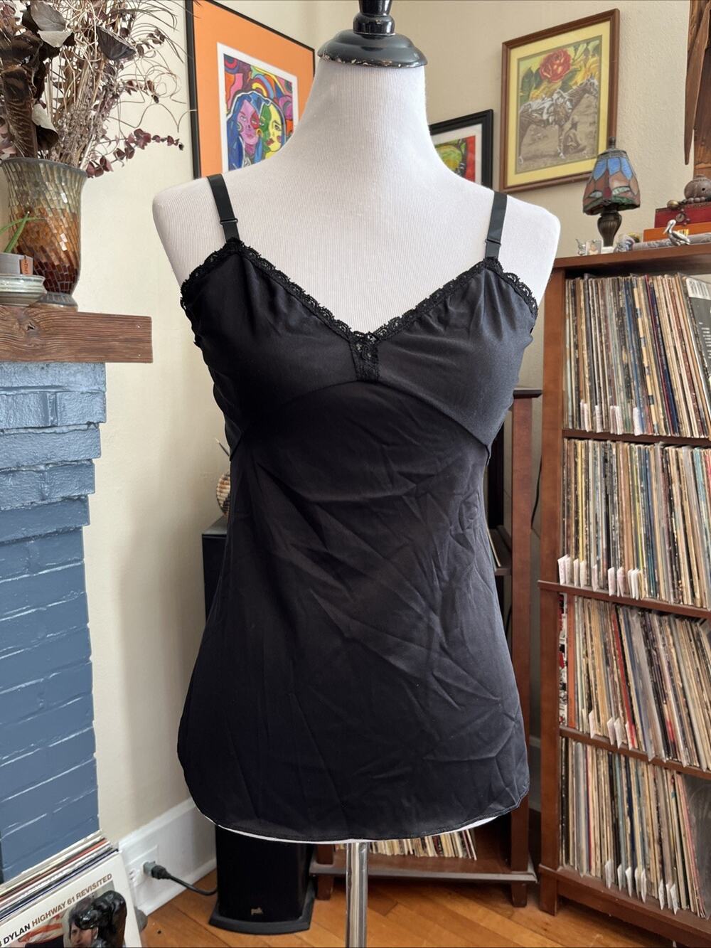 Vintage M ShadowLine Camisole Baby Doll Slip Tank Black 100% Nylon Adjustable